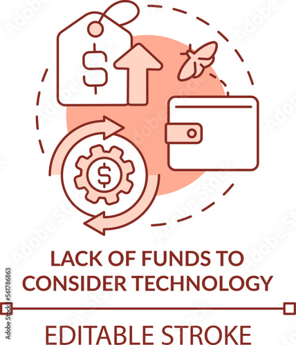 Lack of funds to consider technology red concept icon. Treasurers challenge abstract idea thin line illustration. Isolated outline drawing. Editable stroke. Arial, Myriad Pro-Bold fonts used