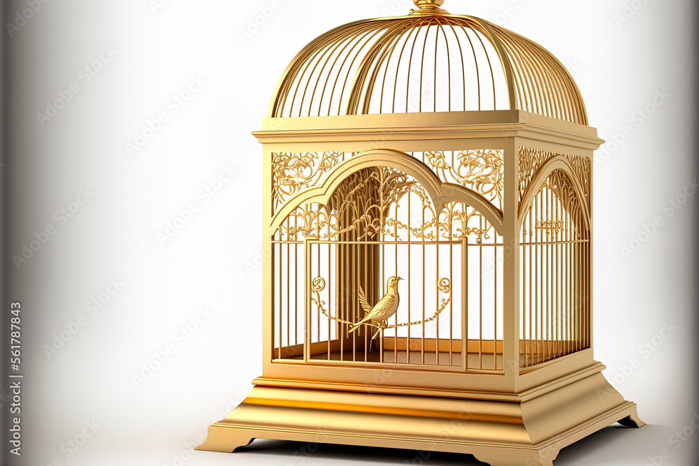 wooden base golden birdcage with open door isolated on white background. Generative AI