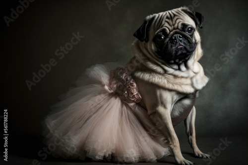 Leinwand Poster Cute pug wearing a ballet tutu costume. Generative AI