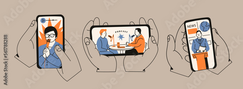 Hands holding a smartphone. People with microphone on screen. Podcast, news, watching video online, talk show, tv application, live streaming, mobile app concept. Hand drawn isolated illustrations set