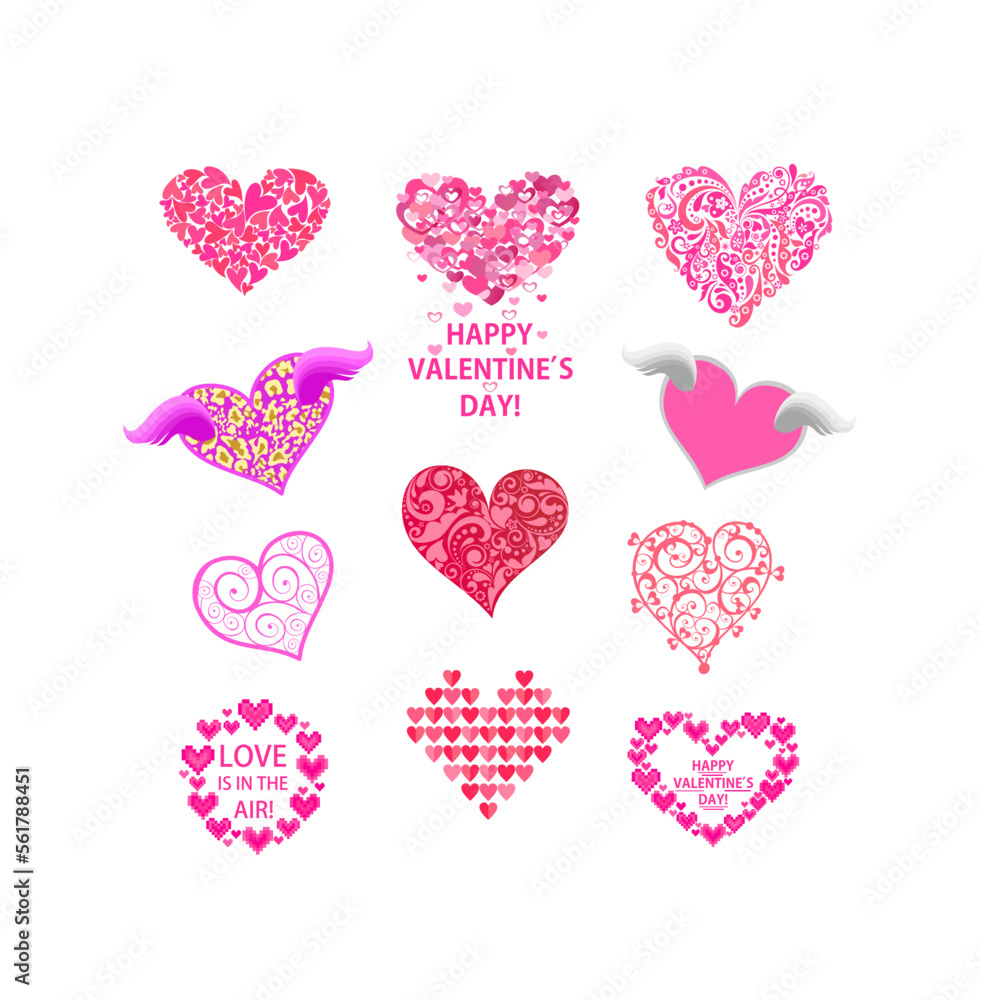 Beautiful pink hearts shape collection for Valentine’s day or wedding greeting card and fashion print
