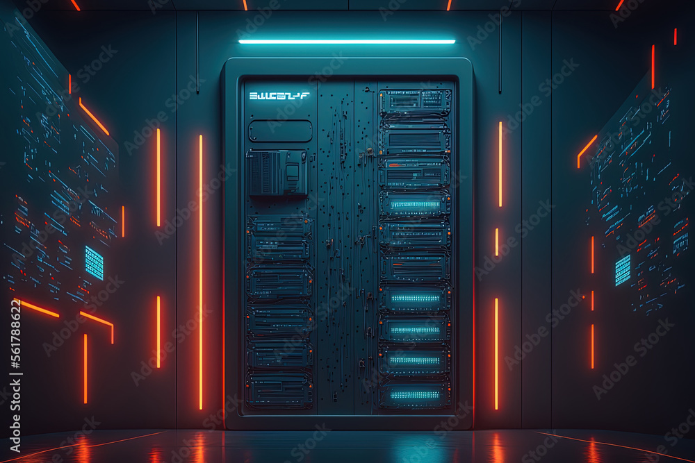 Concept of a server with a rack in a server room. Generative AI Concept of a server with a rack in a server room. Generative AI