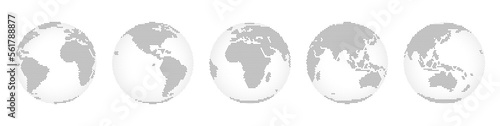 World map with continents, land and water mass monochrome. Isolated icons of Earth globes with digital dots and lines. Geography vector 3d realistic style