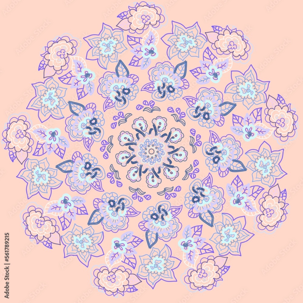 Fototapeta premium Round pattern of floral and abstract elements in blue shades on a pink background for decoration.