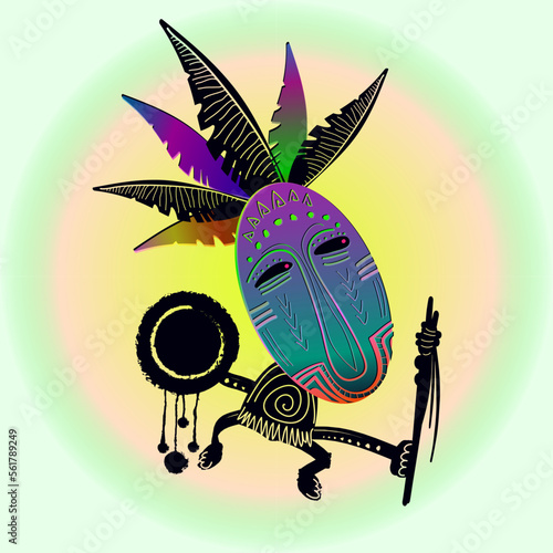 Cute doodle shaman character with tambourine and staff. Сartoon native in  mask with ornament. Modern vector illustration isolated on background.
