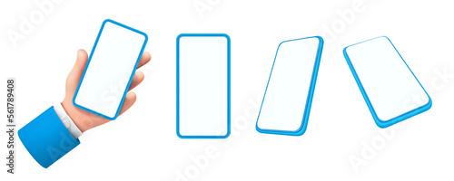 Hands holding smartphone with blank screen, empty display for copy space. Isolated gadget for advertisement, frame or banner. Vector illustration, 3d style