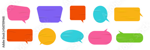 Speech and thought bubbles, dialogue balloons, isolated wrinkled glued stickers with copy space. Empty pieces of paper for phrases. Vector in realistic style