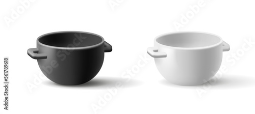 3D white and black deep plate with handles for food. Blank template for mockup, on a white background.