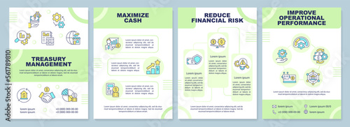 Treasury management green brochure template. Leaflet design with linear icons. Editable 4 vector layouts for presentation, annual reports. Arial-Black, Myriad Pro-Regular fonts used