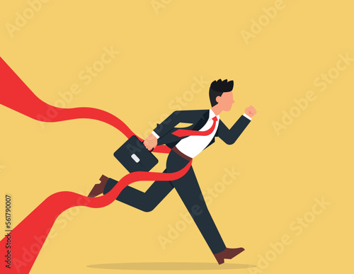 Career achievement leadership concept. Confident business man win race competition achieving success.