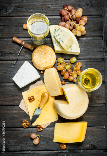 Assortment of different types of cheese with grapes and white wine.