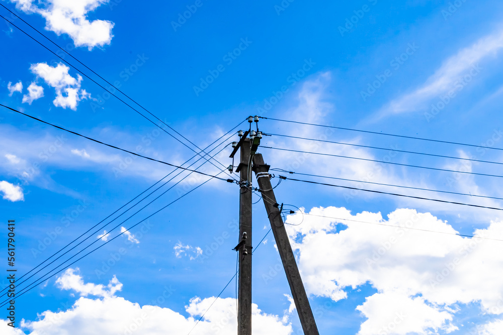 Power electric pole with line wire on colored background close up Power electric pole with line wire on colored background close up