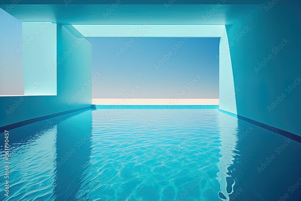 swimming pool with a blue surface and water in the background. Generative AI