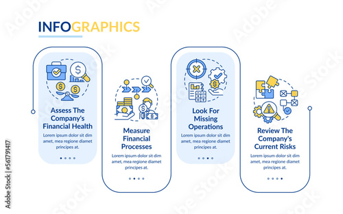 Determining treasury management need blue rectangle infographic template. Data visualization with 4 steps. Editable timeline info chart. Workflow layout with line icons. Lato-Bold, Regular fonts used