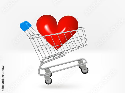 Shopping cart with red heart. 3d vector isolated illustration