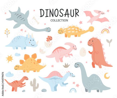 Collection of cute baby dinosaurs. Hand drawn brontosaurus, tyrannosaurus, pterodactyl, triceratops, stegosaurus, spinosaurus, plesiosaurus, ankylosaurus, velociraptor, parasaurolophus pastel colors