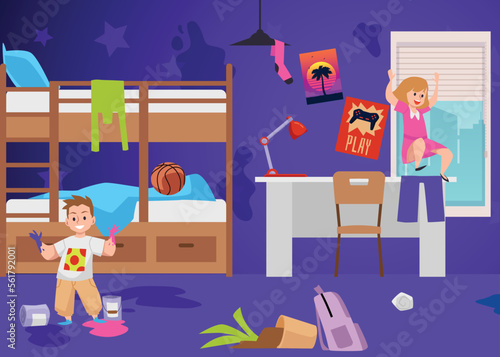 Hyperactive naughty children make a mess and get dirty their room flat vector.