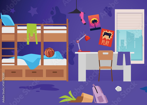 Dirty kid room with mess and scattered clothes flat style