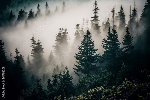 Landscapes with forests in the fog, mysterious forests