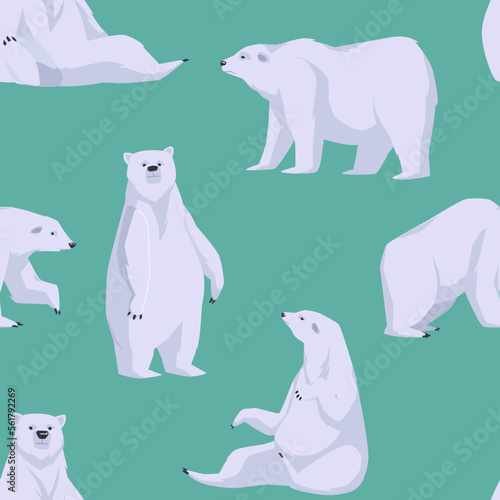 Seamless decorative winter pattern with polar bear in various poses flat vector.