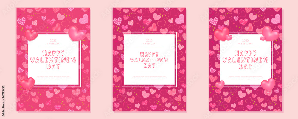Set of concept posters for Valentine's Day. Red and pink hearts, symbol of love, lettering Happy Valentine's Day. Cute love banners, posters or greeting cards. Vector illustration