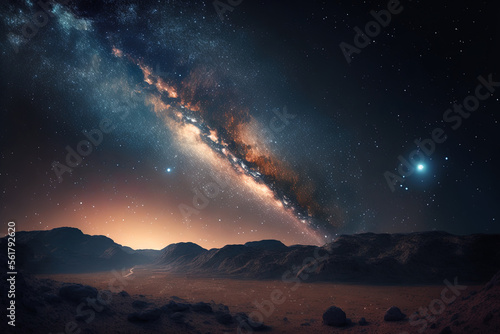 Milky Way galaxy with stars and space dust in the backdrop  against a deep planet night sky. Generative AI