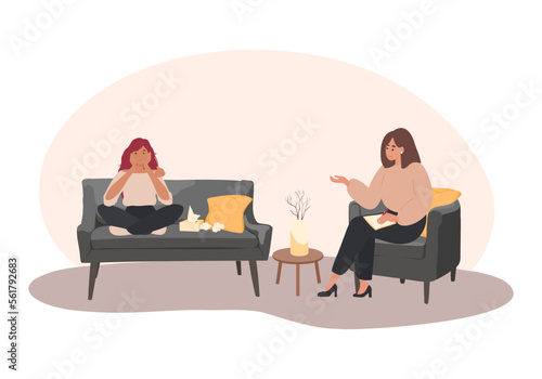 Psychotherapy, unraveling complex situations, concept of social psychiatry. Female, woman patient with psychologist or psychotherapist sitting on sofa, Psychotherapy session. Mental health, depression