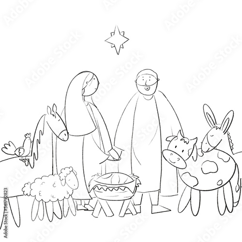 Sketch Biblical heroes: Maria and Joseph with baby Jesus