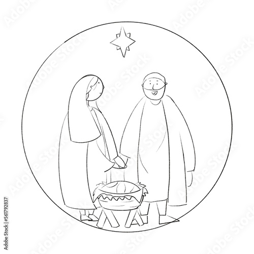 Sketch Biblical heroes: Maria and Joseph with baby Jesus 