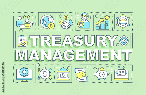 Treasury management word concepts green banner. Financial service. Infographics with editable icons on color background. Isolated typography. Vector illustration with text. Arial-Black font used