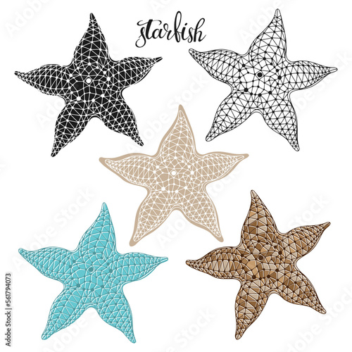 Starfish. Hand drawn vector illustration, 5 isolated elements on white background. Perfect for menu decoration, invitation, card, poster and as a design element.