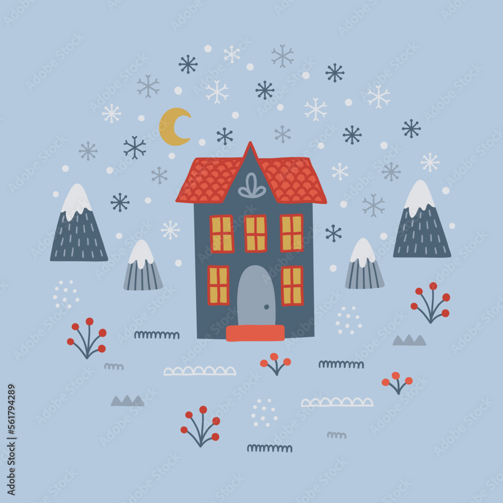 Christmas greeting card with house, mountains, berries, moon, snowflakes