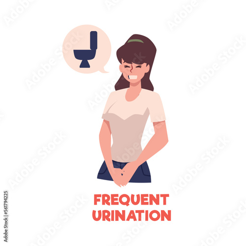 Woman suffering from frequent urination, flat vector illustration isolated on white background.