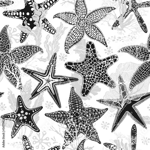 Abstract seamless pattern on the marine theme with underwater plants, starfish on white background. Vector. Perfect for design templates, wallpaper, wrapping, fabric and textile.