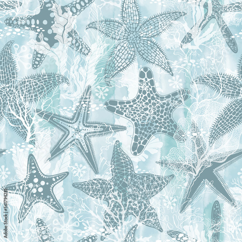 Abstract seamless pattern on the marine theme with underwater plants,starfish on blue watercolor background. Vector. Perfect for design templates, wallpaper, wrapping, fabric and textile.