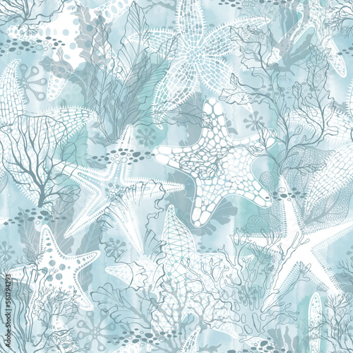 Sea. Abstract seamless pattern on the marine theme with underwater plants,starfish on blue watercolor background. Vector. Perfect for design templates, wallpaper, wrapping, fabric and textile.