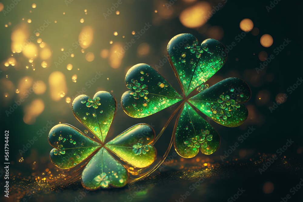 Festive background with shining clover shamrocks and golden bokeh. St. Patrick's Day backdrop. Generative AI illustration - obrazy, fototapety, plakaty 