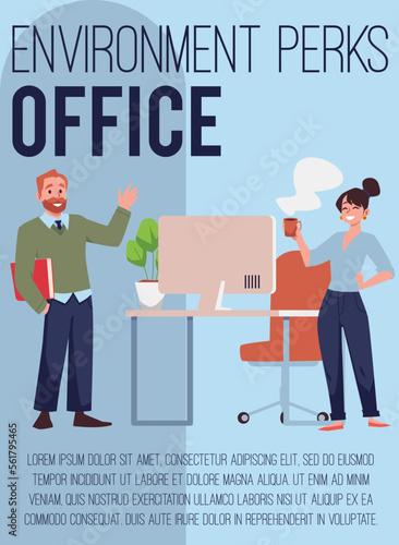 Office with environment perks, poster template - flat vector illustration.