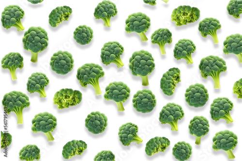 Pattern broccoli on white background Vegan food Food Green food Vegetarian Space for text Close Up