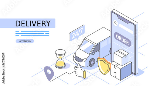 Isometric delivery service. Truck with cargo with smartphone