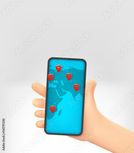 Cartoon hand holding modern smartphone with navigation application. World travel concept. 3d vector illustration with copy space