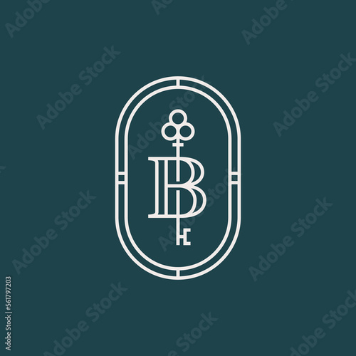 Letter "B" with Key in one line style. Font style, vector design elements for your corporate identity.