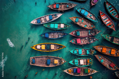 traditional colorful fishing boats. generative ai © ArgitopIA