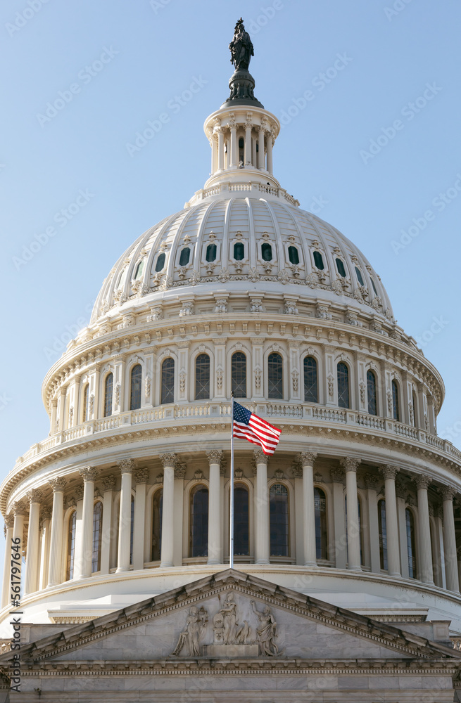 American flag on the background of the Capitol American flag on the background of the Capitol