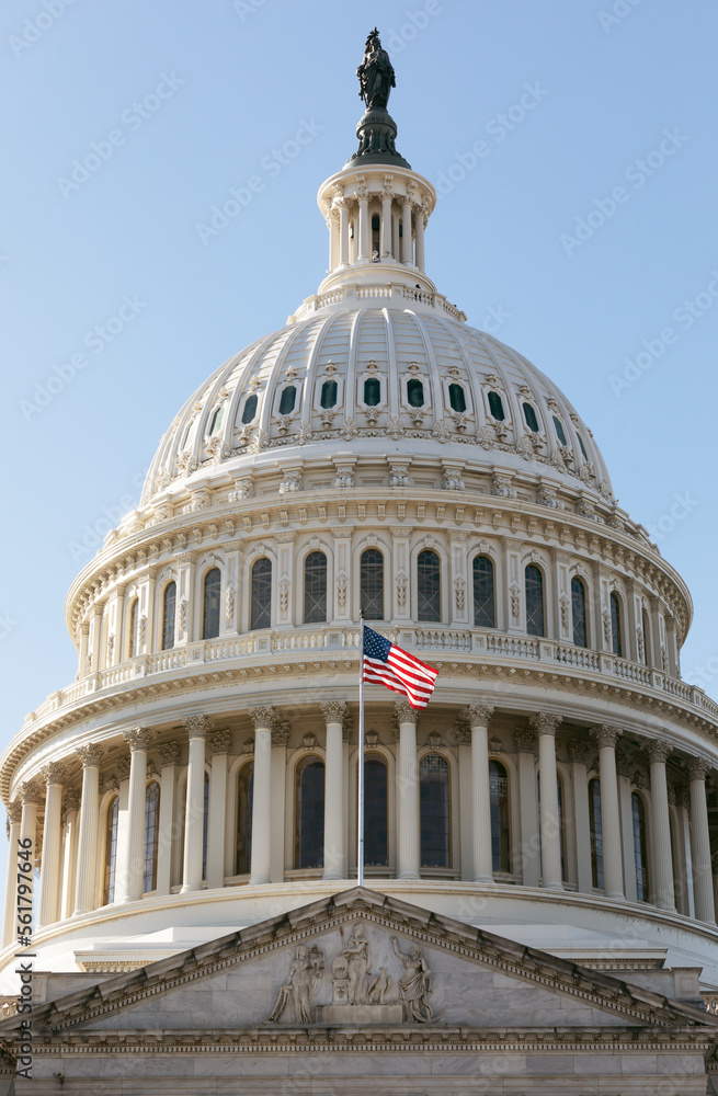 American flag on the background of the Capitol