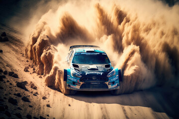 Wandcirkels Auto Rallyauto op stoffig onverhard parcours  © ArgitopIA