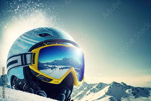 skiing helmet and snow goggles in snow with copy space. ski season concept. generative ai
