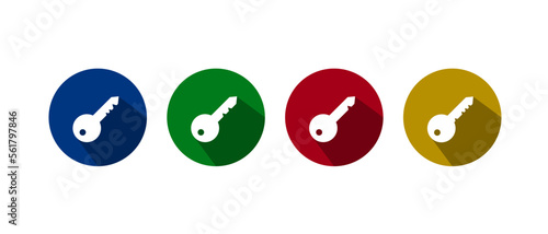 Key icon set. Security system. House key and door key in different circle background.