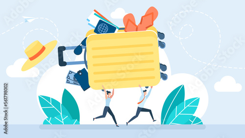 Man and woman hurrying to flight at airport terminal. Couple running with travel full bags. Couple running carrying baggage. Rushing tourists going on vacation, journey or trip. Vector illustration.