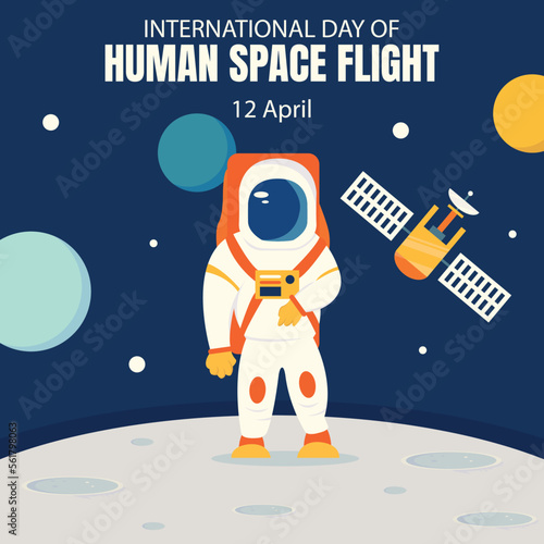 illustration vector graphic of an astronaut standing on the moon, showing transmitter satellites and planets, perfect for international day, human space flight, celebrate, greeting card, etc.